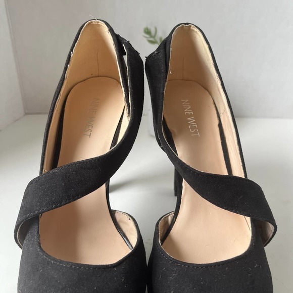 NINE WEST Saskia Strappy Platform Heels Stiletto Pumps Shoes Black Suede Leather - Picture 10 of 12